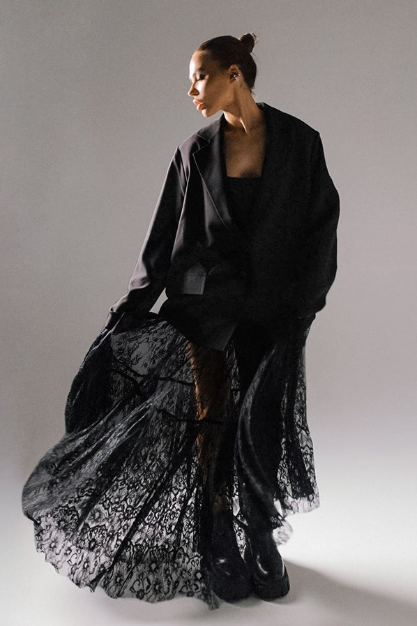 Emily & Isabella Brooks | High Waist Black Lace Sheer Skirt