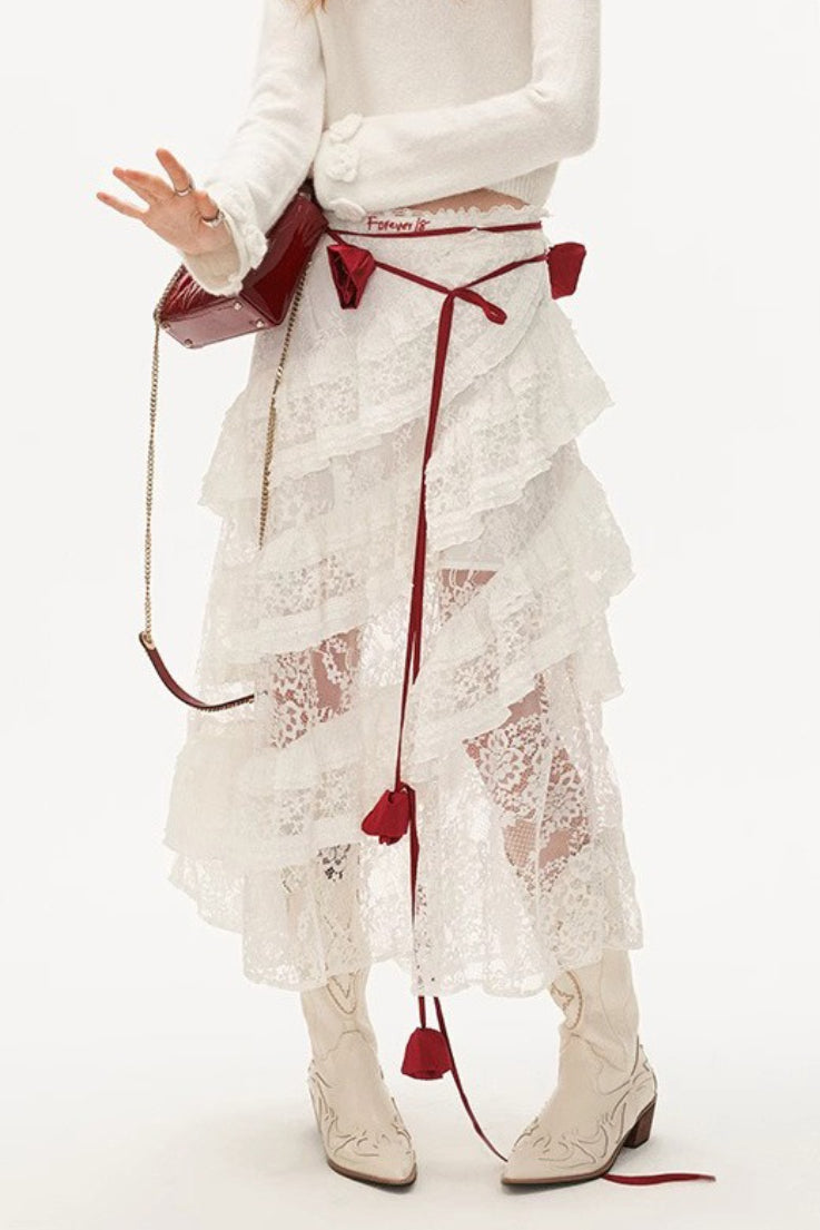 Emily & Isabella Brooks | Lace Tiered Mesh Midi Skirt