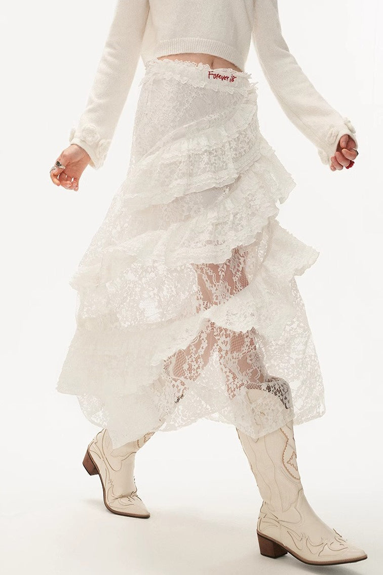 Emily & Isabella Brooks | Lace Tiered Mesh Midi Skirt