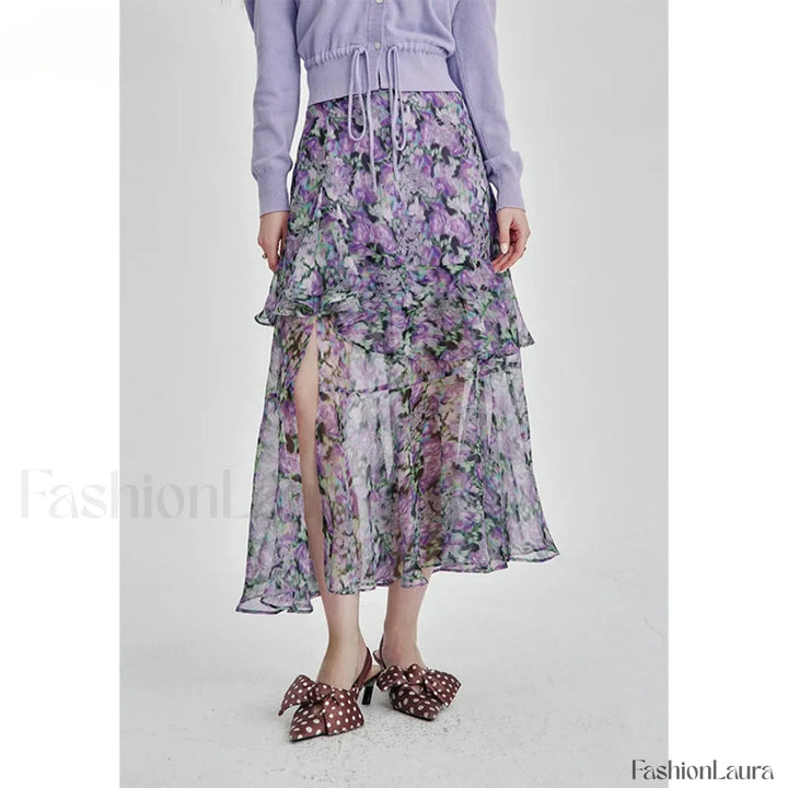 Emily & Isabella Brooks | Floral Chiffon Ruffled Slit Skirt