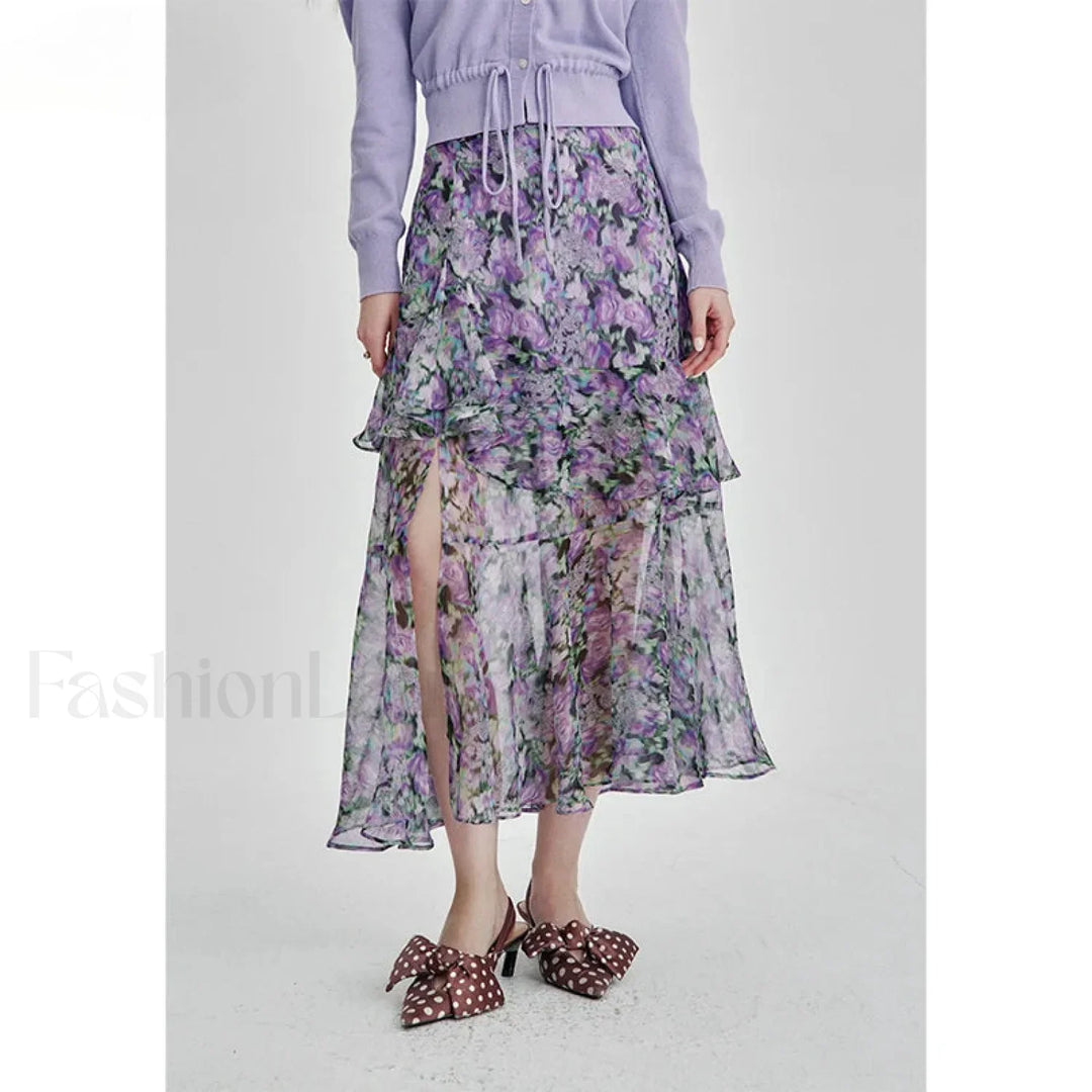 Emily & Isabella Brooks | Floral Chiffon Ruffled Slit Skirt