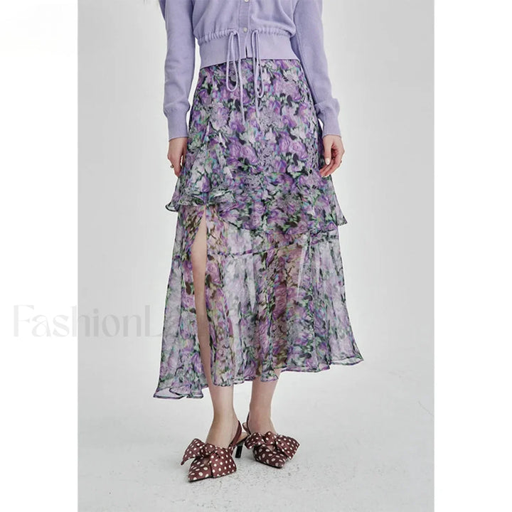 Emily & Isabella Brooks | Floral Chiffon Ruffled Slit Skirt