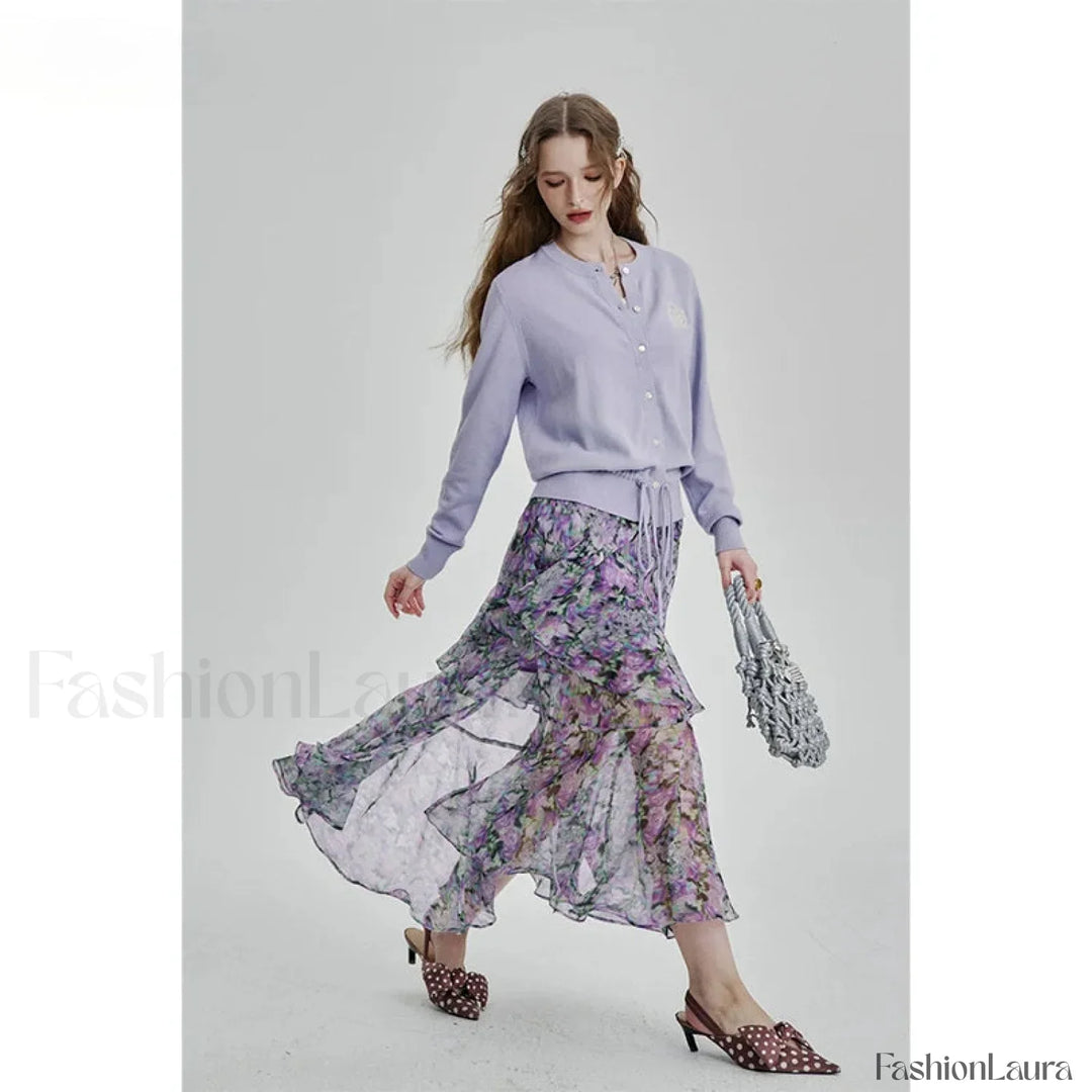 Emily & Isabella Brooks | Floral Chiffon Ruffled Slit Skirt