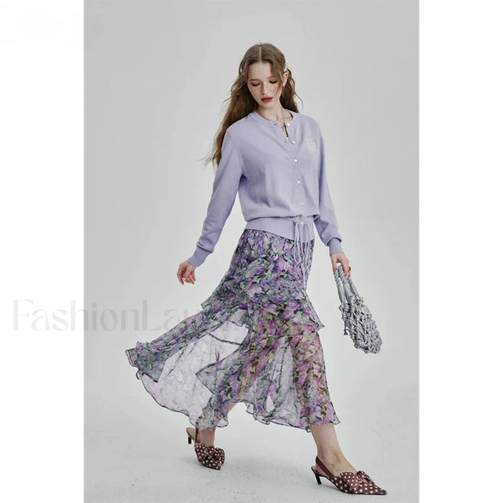 Emily & Isabella Brooks | Floral Chiffon Ruffled Slit Skirt