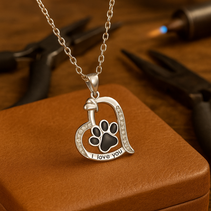 Emily & Isabella Brooks | Heart-shaped Dog Paw Print Necklace in Silver with Zirconia