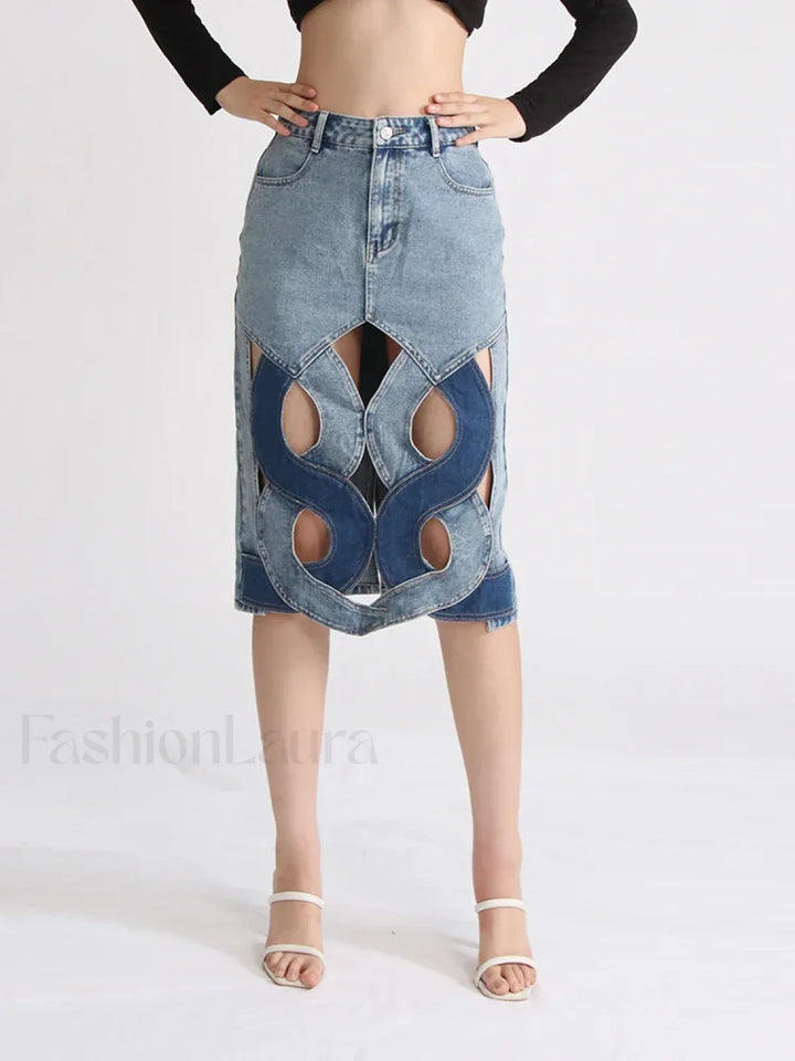 Emily & Isabella Brooks | Hollow Out Zipper Denim Skirt