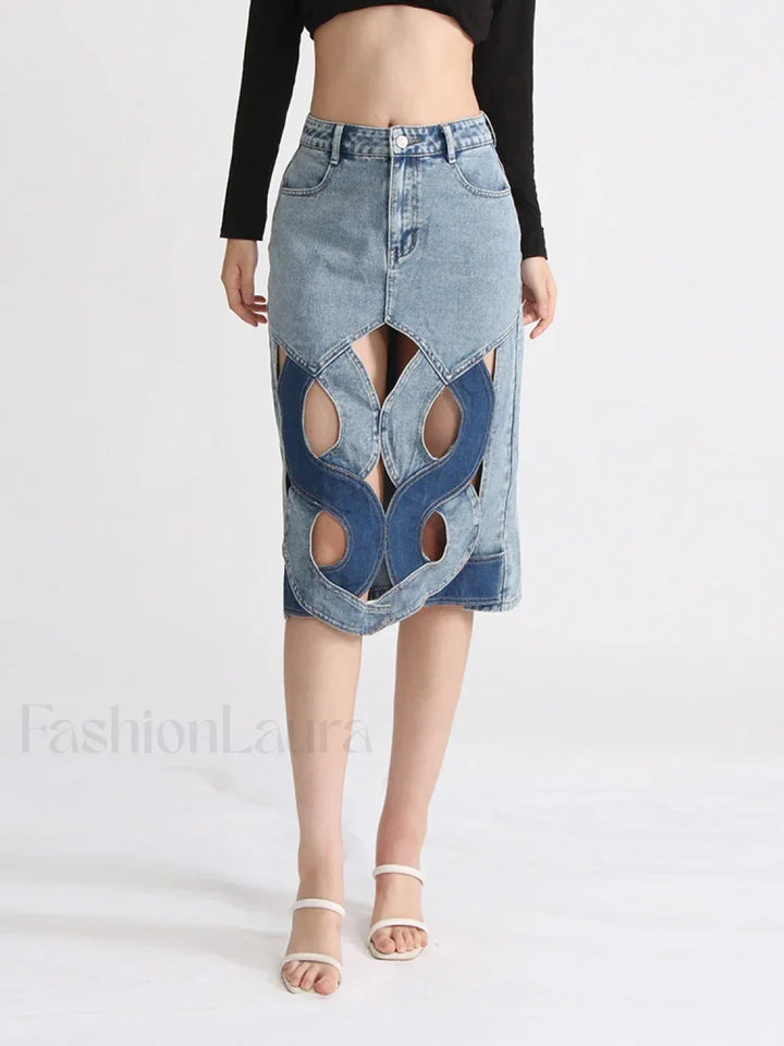 Emily & Isabella Brooks | Hollow Out Zipper Denim Skirt