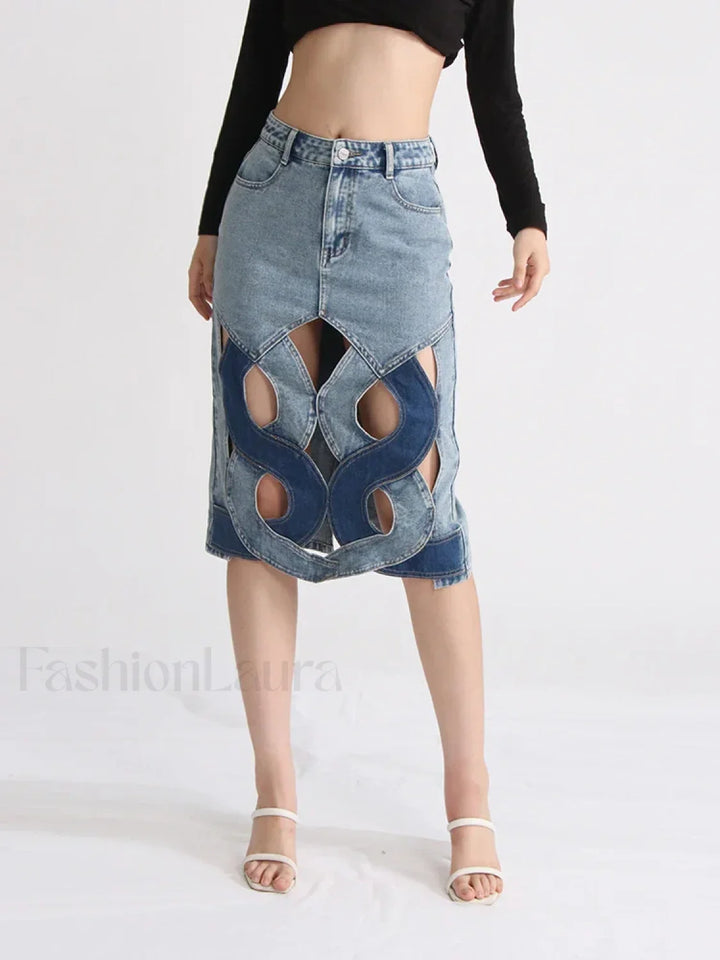 Emily & Isabella Brooks | Hollow Out Zipper Denim Skirt