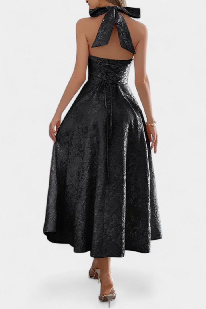 Emily & Isabella Brooks | Jacquard Midi Dress with Open Back and High Waist