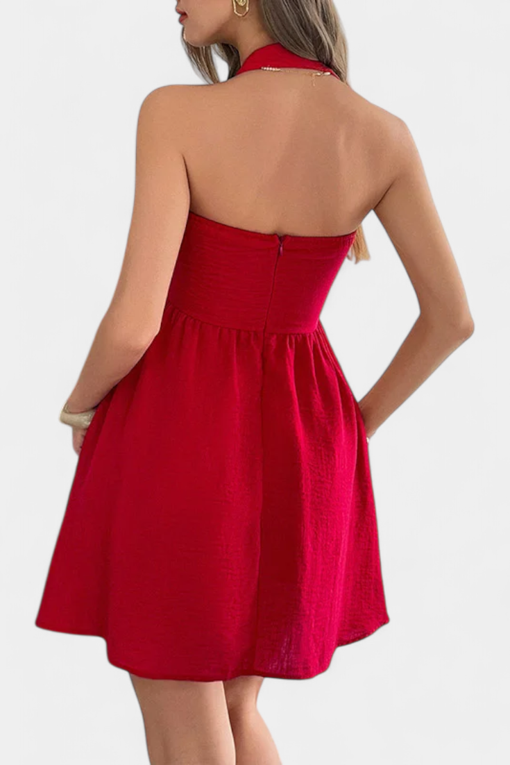 Emily & Isabella Brooks | Halter Mini Dress, Open Back, Pockets
