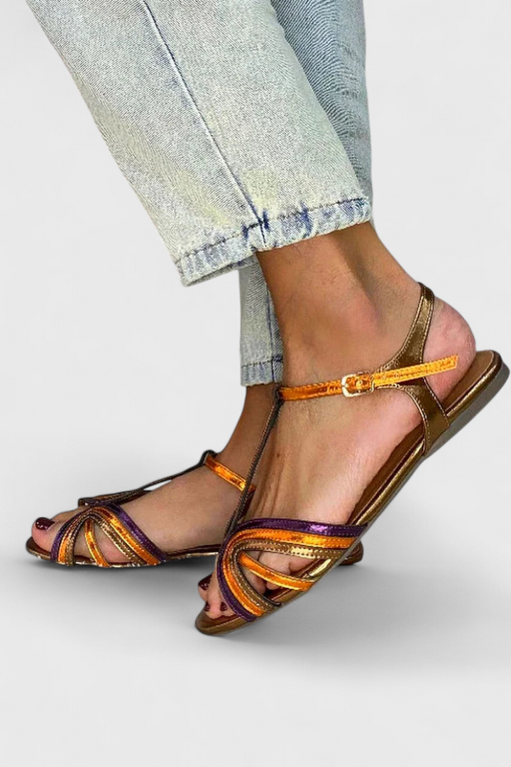 Emily & Isabella Brooks | Gold sandals with colorful strap and buckle