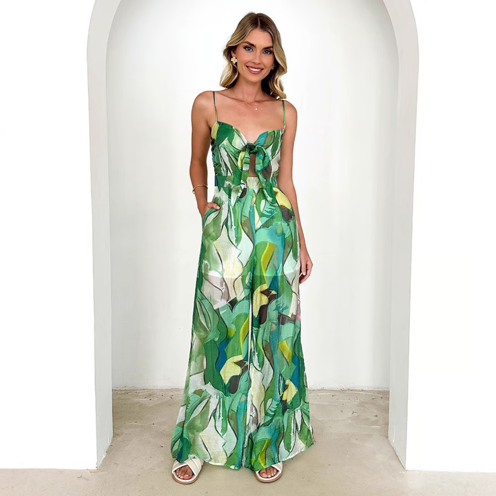 Emily & Isabella Brooks | Printed Suspender Strap Long Dress