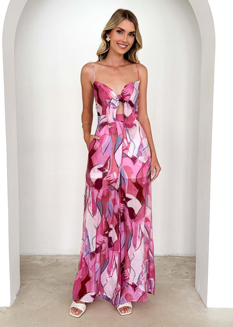 Emily & Isabella Brooks | Printed Suspender Strap Long Dress