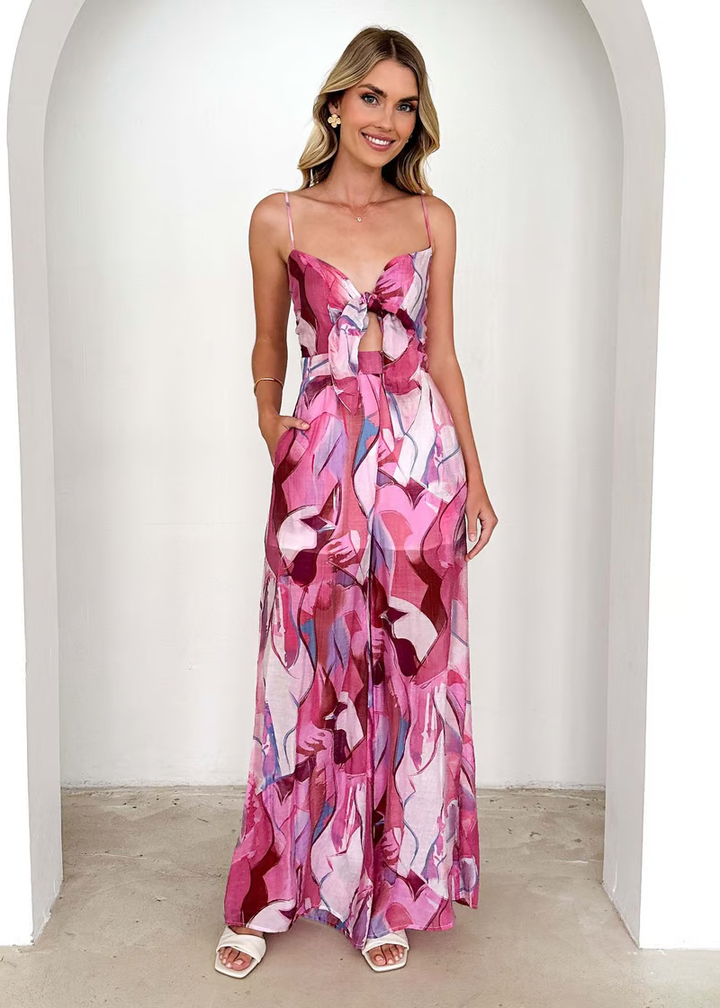Emily & Isabella Brooks | Printed Suspender Strap Long Dress