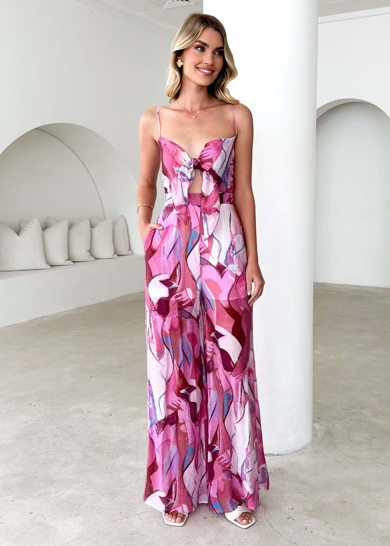Emily & Isabella Brooks | Printed Suspender Strap Long Dress