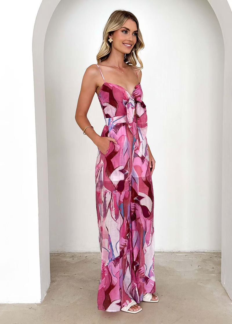 Emily & Isabella Brooks | Printed Suspender Strap Long Dress