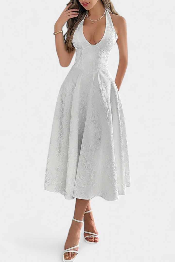 Emily & Isabella Brooks | Jacquard Midi Dress with Open Back and High Waist