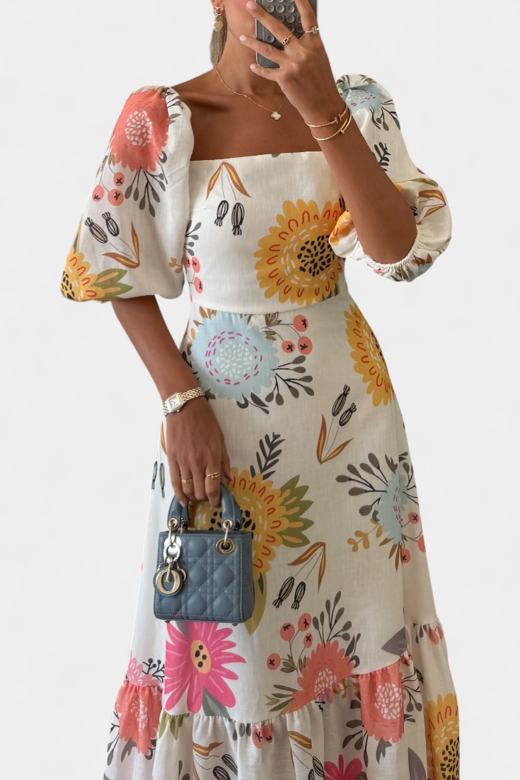 Emily & Isabella Brooks | Floral Midi Dress with Puff Sleeves