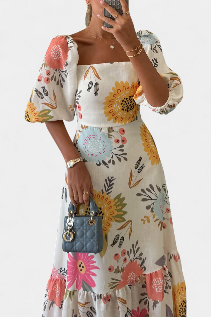Emily & Isabella Brooks | Floral Midi Dress with Puff Sleeves
