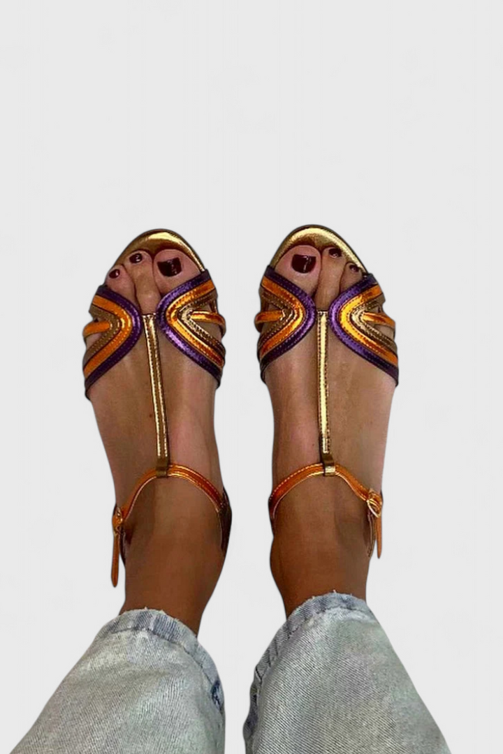 Emily & Isabella Brooks | Gold sandals with colorful strap and buckle