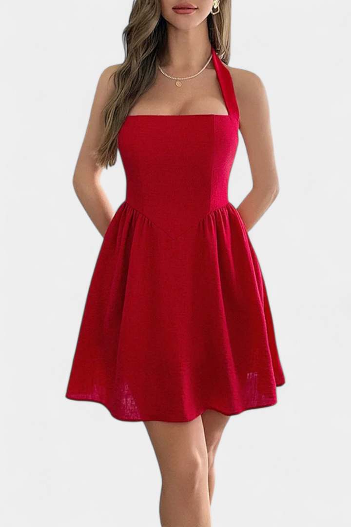 Emily & Isabella Brooks | Halter Mini Dress, Open Back, Pockets