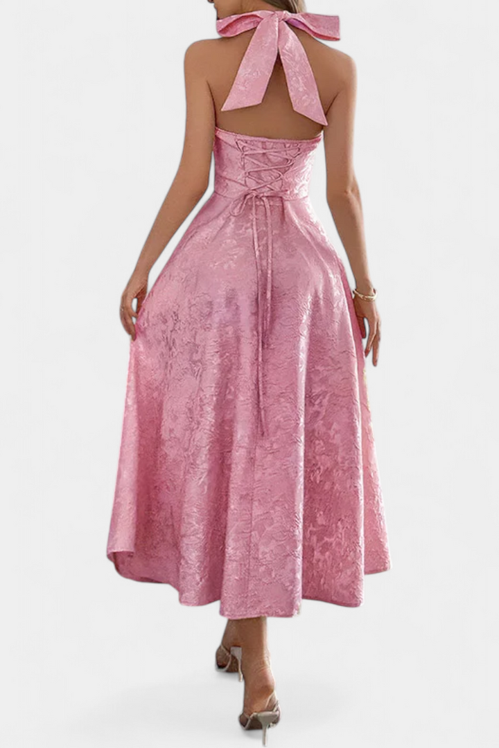 Emily & Isabella Brooks | Jacquard Midi Dress with Open Back and High Waist