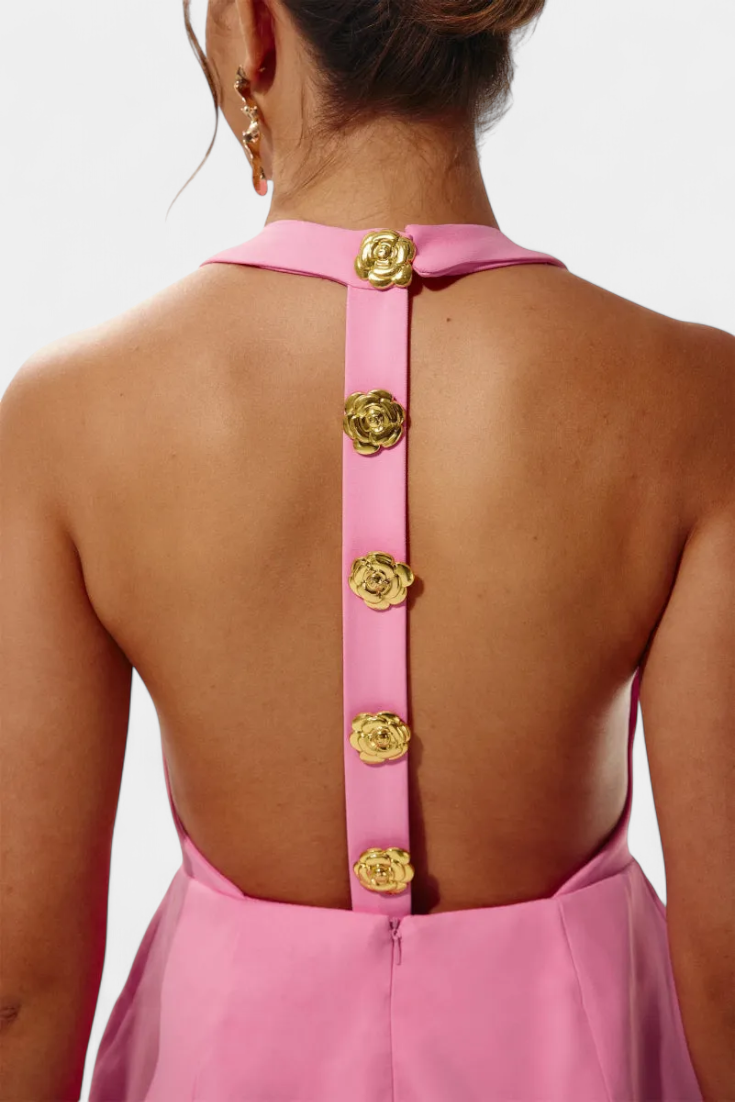 Emily & Isabella Brooks | Mini Dress, Tie Neck, Open Back, Floral Detail