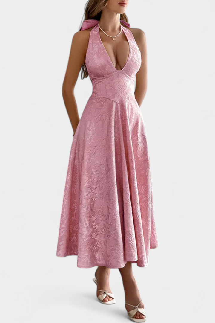 Emily & Isabella Brooks | Jacquard Midi Dress with Open Back and High Waist