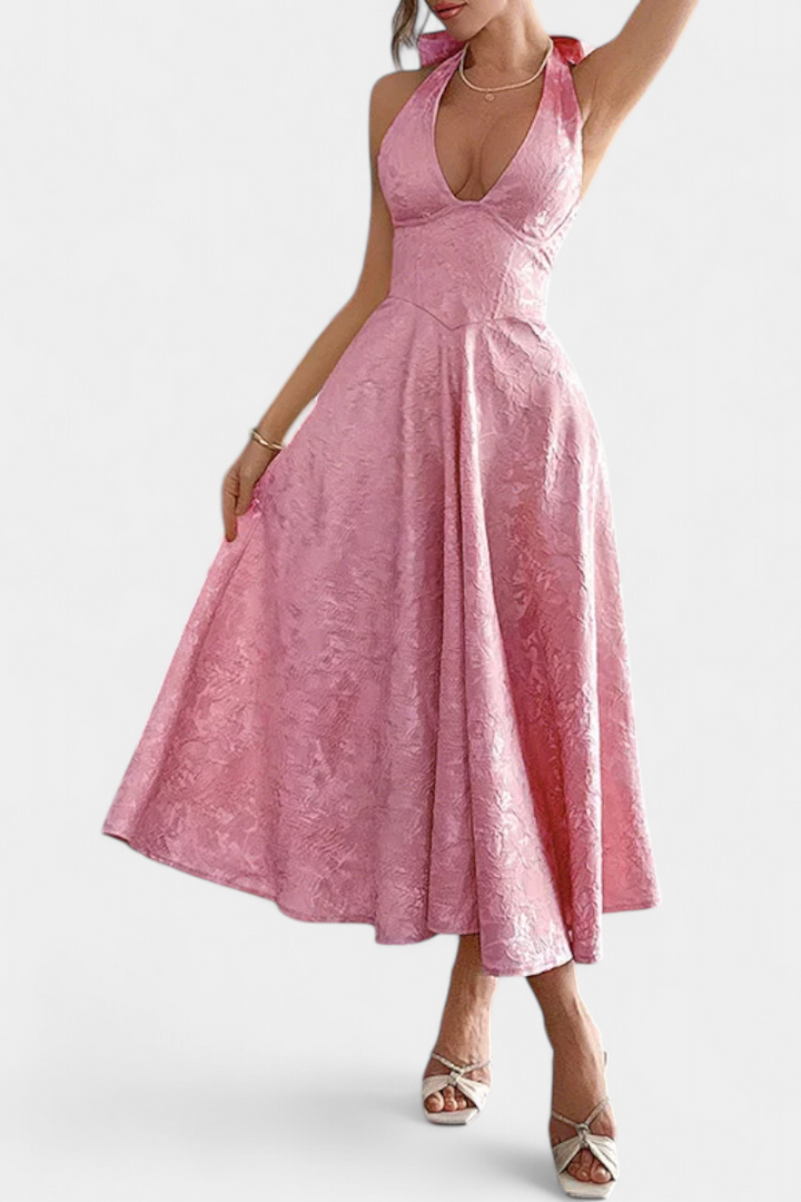 Emily & Isabella Brooks | Jacquard Midi Dress with Open Back and High Waist