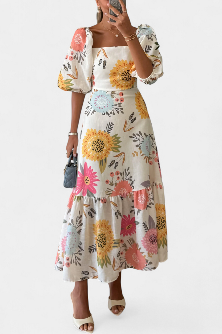 Emily & Isabella Brooks | Floral Midi Dress with Puff Sleeves