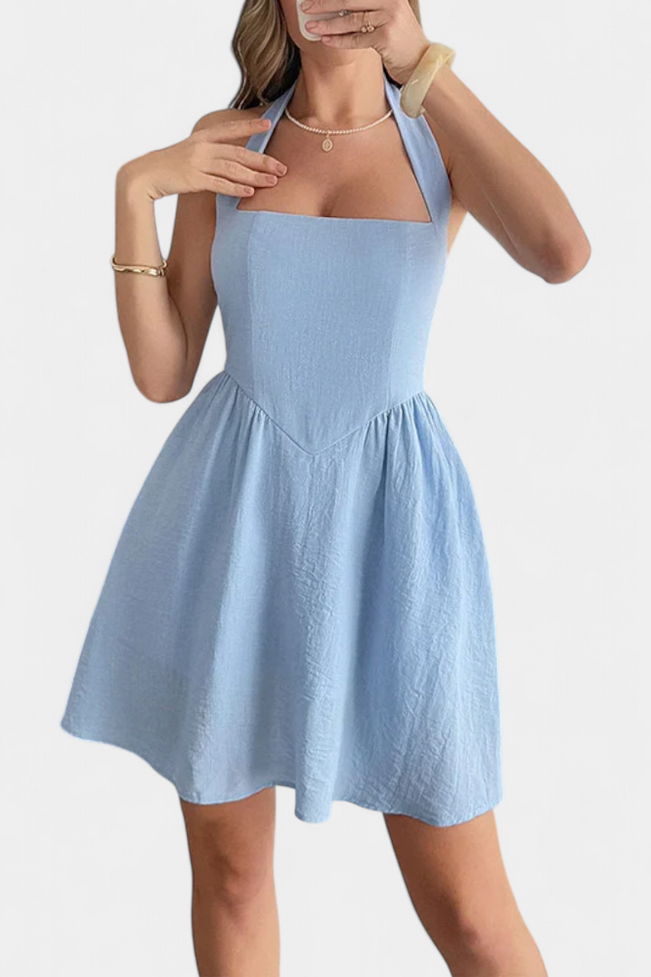 Emily & Isabella Brooks | Halter Mini Dress, Open Back, Pockets