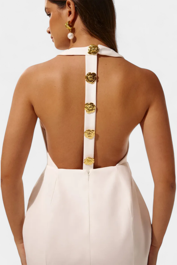 Emily & Isabella Brooks | Mini Dress, Tie Neck, Open Back, Floral Detail