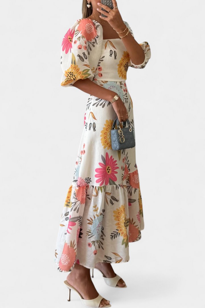 Emily & Isabella Brooks | Floral Midi Dress with Puff Sleeves