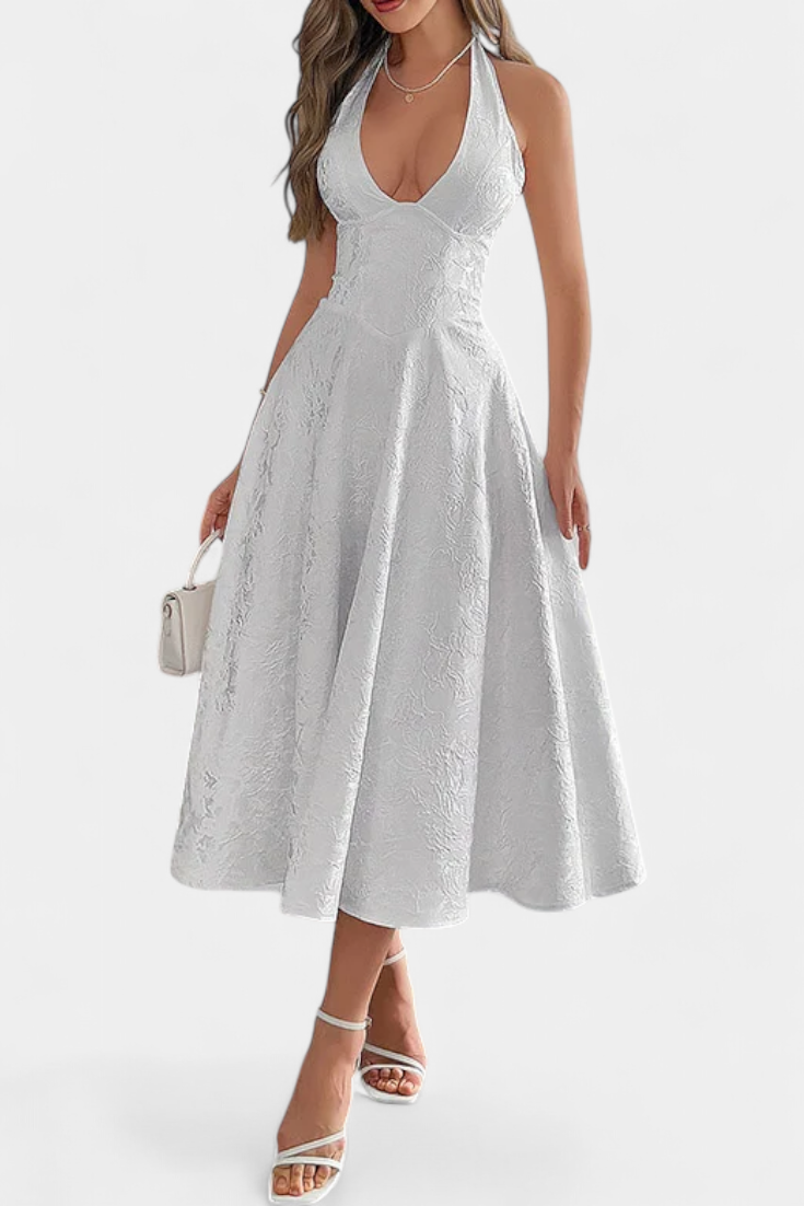 Emily & Isabella Brooks | Jacquard Midi Dress with Open Back and High Waist