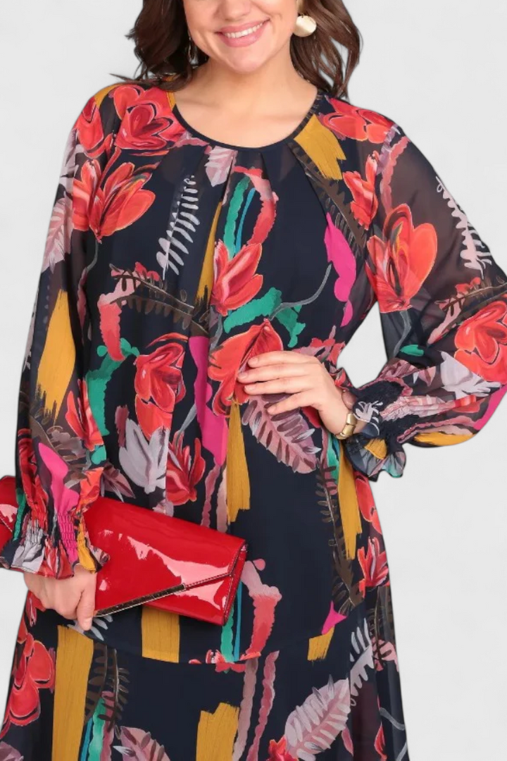 Emily & Isabella Brooks | Floral Midi Dress, Long Sleeves, Flowing Line