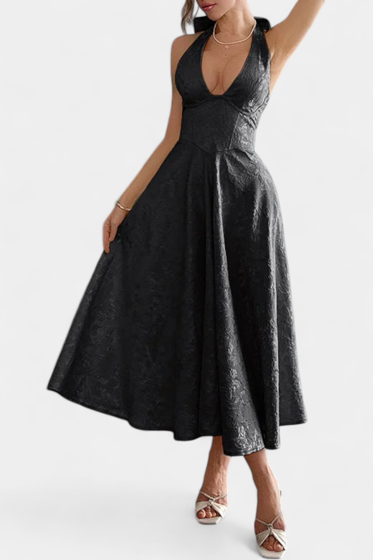 Emily & Isabella Brooks | Jacquard Midi Dress with Open Back and High Waist