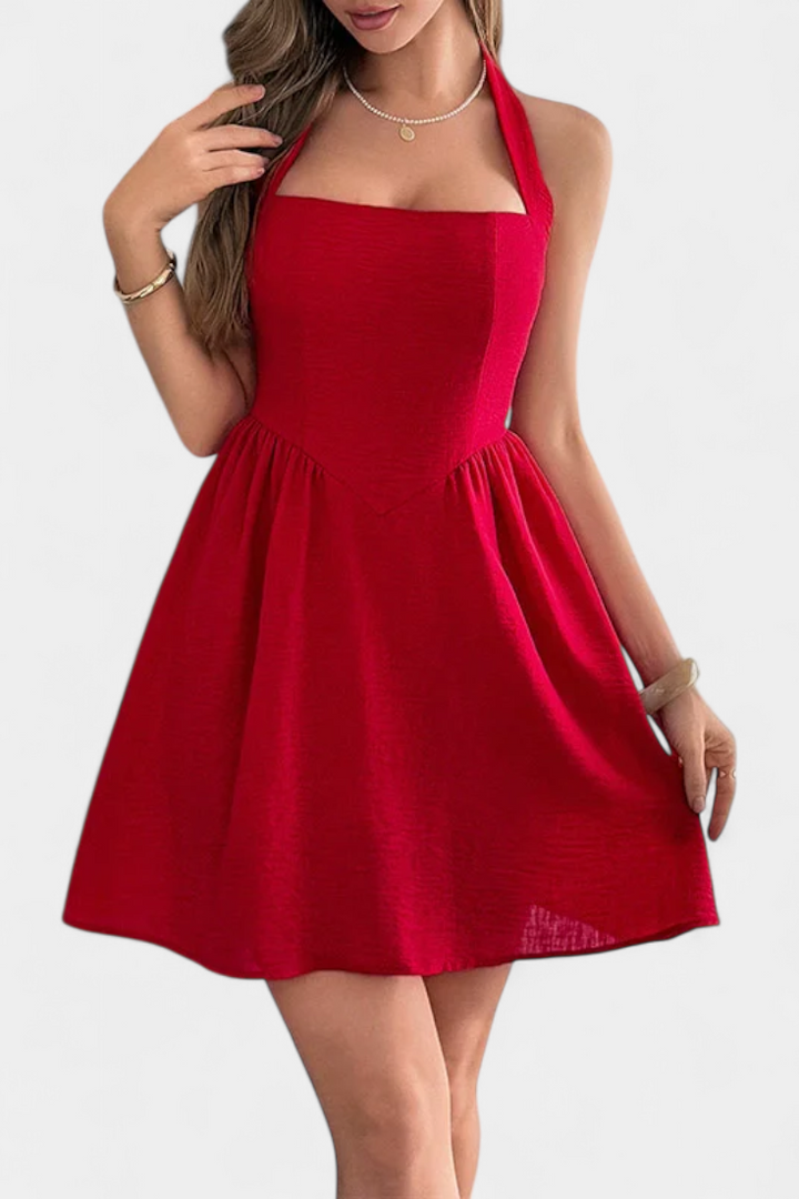 Emily & Isabella Brooks | Halter Mini Dress, Open Back, Pockets