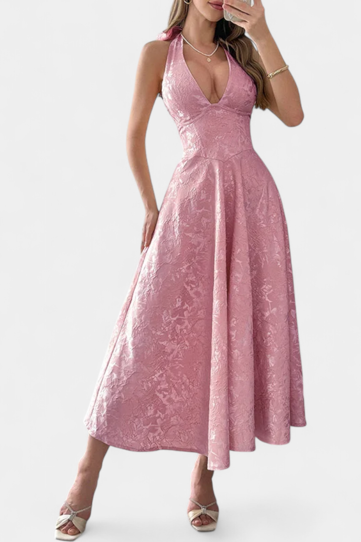 Emily & Isabella Brooks | Jacquard Midi Dress with Open Back and High Waist