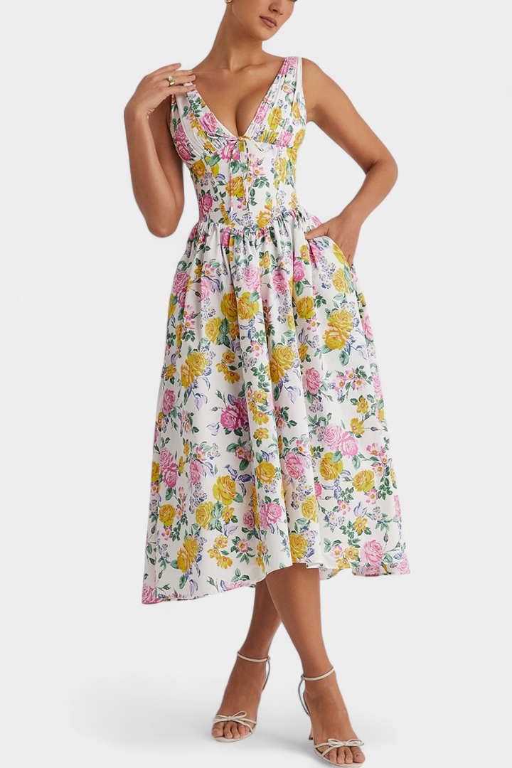 Emily & Isabella Brooks | Midi Dress, V-Neck, Floral Print