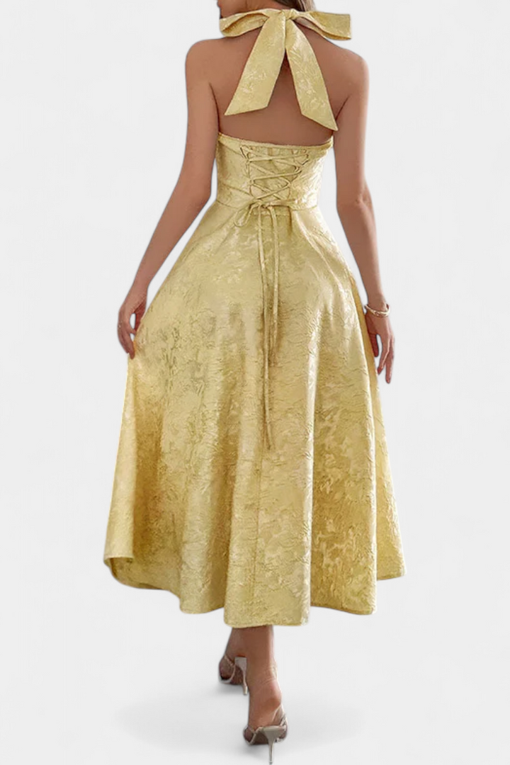 Emily & Isabella Brooks | Jacquard Midi Dress with Open Back and High Waist