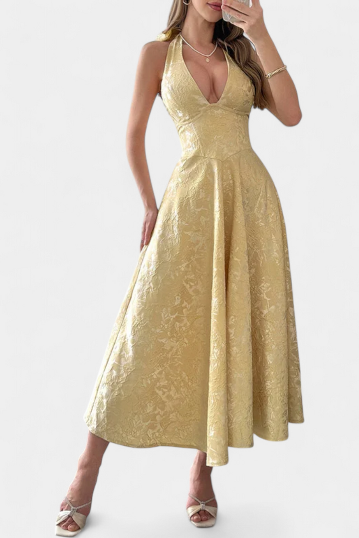 Emily & Isabella Brooks | Jacquard Midi Dress with Open Back and High Waist
