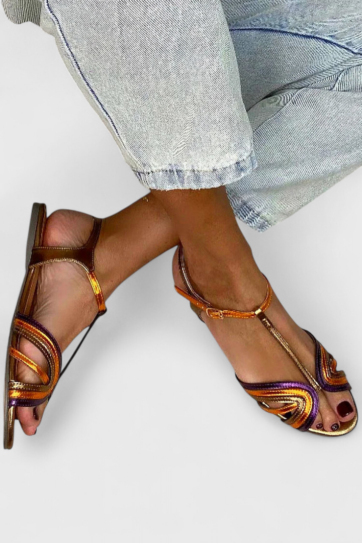 Emily & Isabella Brooks | Gold sandals with colorful strap and buckle