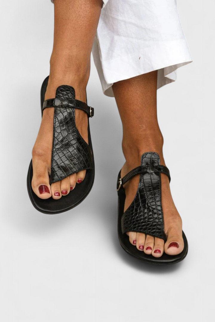Emily & Isabella Brooks | Black Buckle Sandals with Embossed Animal Print Detail