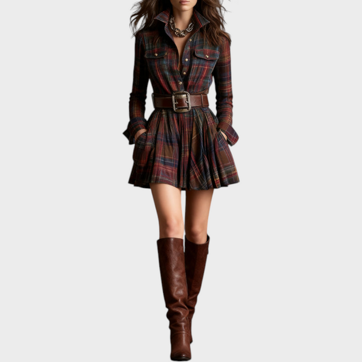 Emily & Isabella Brooks | Mini Dress with Collar in Red and Brown Check