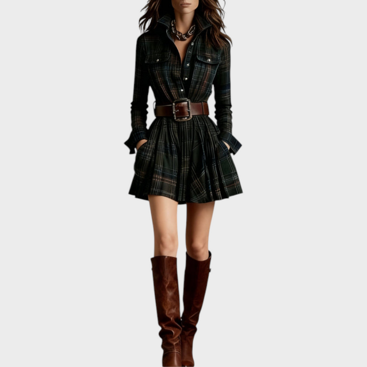 Emily & Isabella Brooks | Mini Dress with Collar in Red and Brown Check