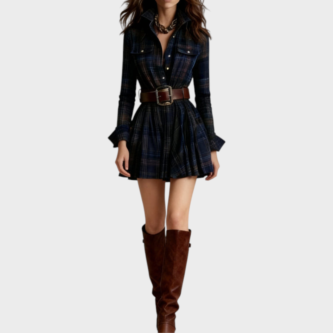 Emily & Isabella Brooks | Mini Dress with Collar in Red and Brown Check