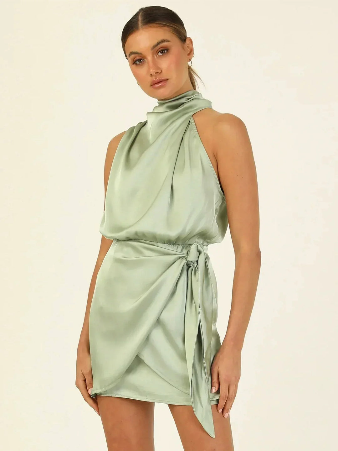 Emily & Isabella Brooks | Satin Halter Mini Cocktail Dress