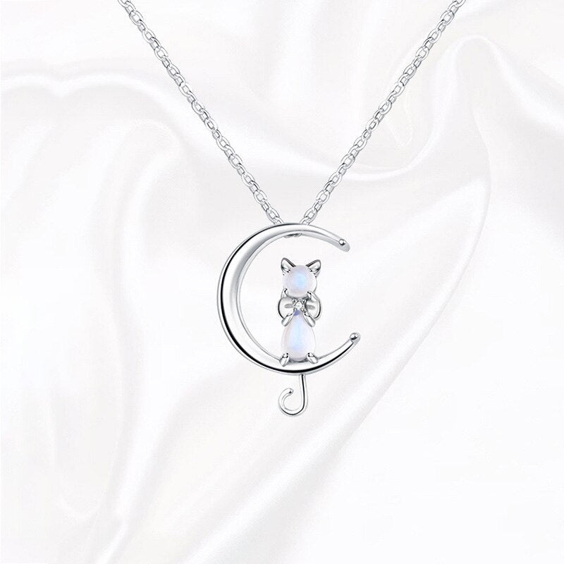 Emily & Isabella Brooks | Moonstone Crescent and Cat Necklace