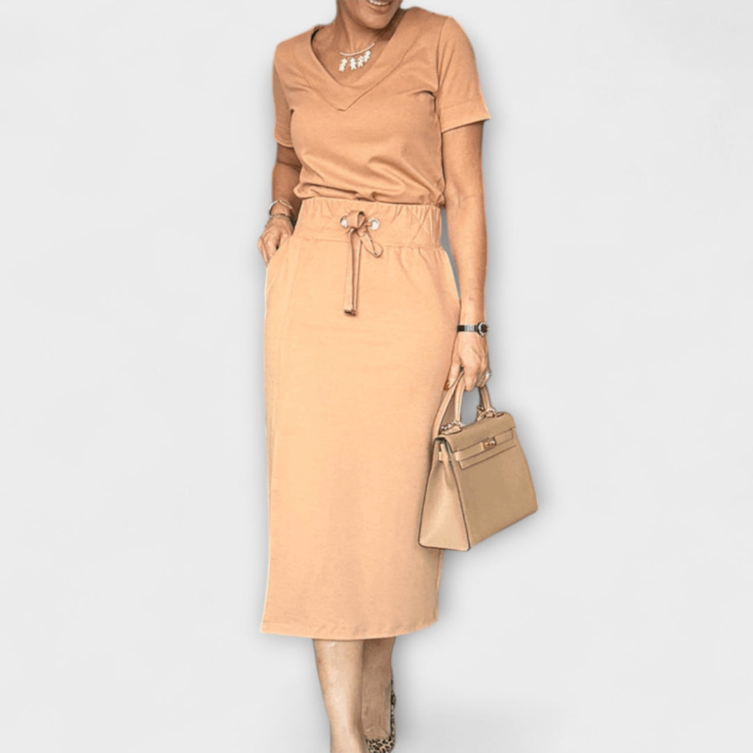 Emily & Isabella Brooks | Elegant V-Neck Top with Skirt