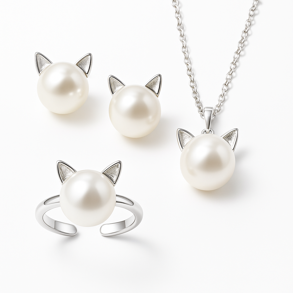 Emily & Isabella Brooks | Pearl Cat Necklace with Earrings and Ring
